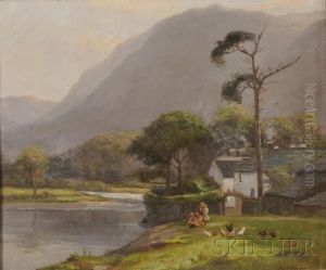 View Of Children By A Lake by Augustus William Enness