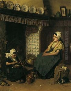 Interno Olandese Con Ragazza Al Camino by Charles Victor Ensinck