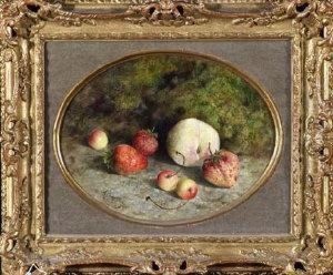 A Still-life Study Of Strawberries, Cherries And A Peach In A Hedgerow