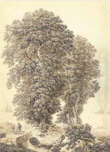 A Coastal Landscape With Two Horsemen Watering Their Horses Below Two Large Trees by Fleury Epinat