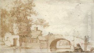 A Bridge Over A Canal, With A Draughtsman Seated In The Foregroundand Cottages On The Opposite Bank