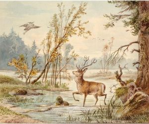 A Deer And A Heron In A Marsh Landscape