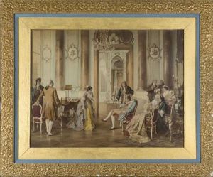European Nobility, In A Well-furnished Room With Tall Windows And A Chandelier.