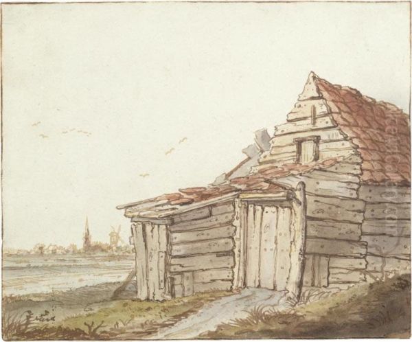 A Wooden Barn On The Edge Of A Village, A Windmill And Church Spireon The Horizon - view 1