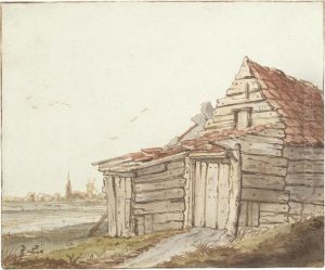 A Wooden Barn On The Edge Of A Village, A Windmill And Church Spireon The Horizon by Anthonie Erkelens