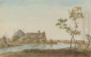 A Farmhouse On A River Bank by Anthonie Erkelens