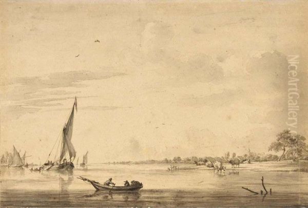 River Landscape With Boats To The Left, Cows And A Village To The Right - view 1