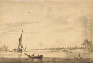 River Landscape With Boats To The Left, Cows And A Village To The Right by Anthonie Erkelens