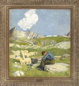 Mittagsstunde - Schafer Mit Seiner Herde In Fruhlingshafter Berglandschaft by Erich Erler-Samaden