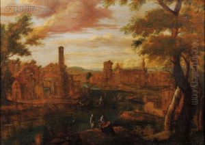 Animated View With Roman Ruins And Travelers Being Ferriedacross A River by Johann Franz Ermels