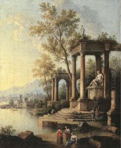 A Coastal Landscape With Figures By Classical Ruins, A Port Beyond