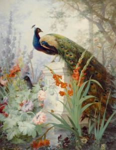 Stilleben Mit Blumen Und Pfau.