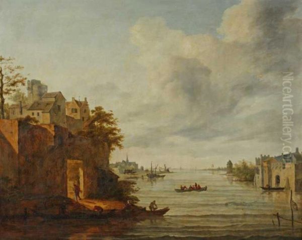 Pecheurs Sur Un Fleuve Devant Un Village - view 1