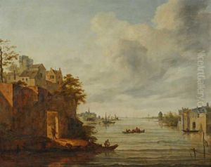 Pecheurs Sur Un Fleuve Devant Un Village by Charles Eschard