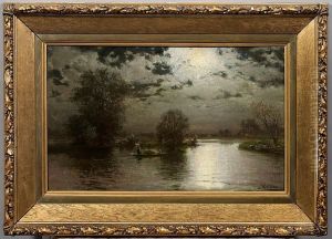 Flusslandschaft Mitfischerkahn Im Mondschein by Hermann Eschke