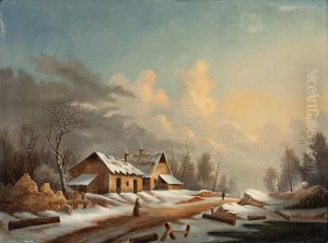 Verschneite Winterlandschaft Mit Personen Auf Der Dorfstrase by Jules Escuyer