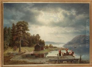 Sjolandskap Med Manniskor Vid Brygga