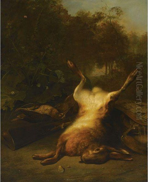 Game Still Life Of A Dead Hare, Two Partridges And Hunting Gear Ina Forest Landscape - view 1