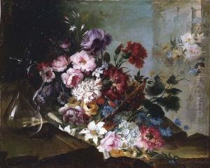 Bodegon De Flores Y Jarra De Cristal by Benito Espinos