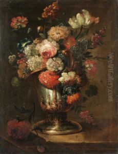 Still Life With Roses, Carnations, Narcissi And Various Other Flowers Together In An Urn On A Stone Ledge