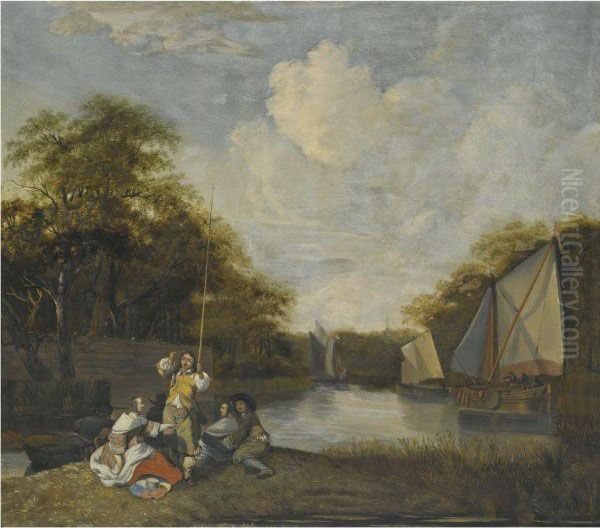 River Landscape With Party Fishing - view 1