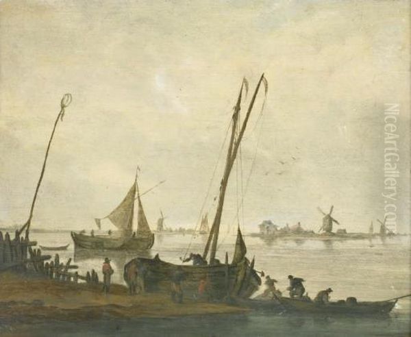 Fishermen Mooring Their Boats On The Bank Of A River, A Sailing Boat And A River Bank With Windmills Beyond - view 1