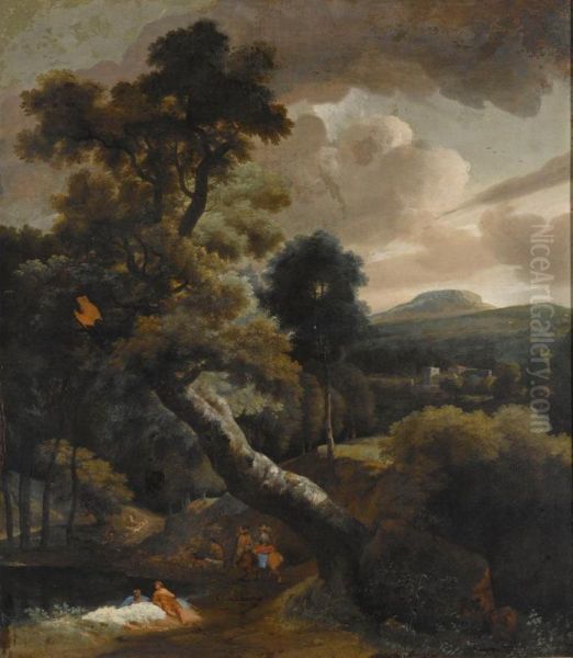 Other Properties
A Wooded Hilly Landscape With Figures Resting Near A Stream, Horsemen On A Path Nearby, A View Of A Town Beyond - view 1
