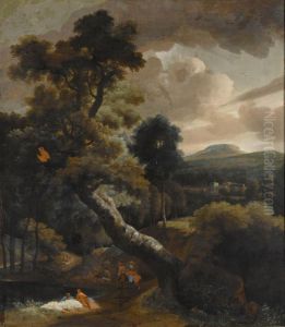 Other Properties
A Wooded Hilly Landscape With Figures Resting Near A Stream, Horsemen On A Path Nearby, A View Of A Town Beyond by Jacob Esselens