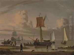 Dutch Shipping By A Shore With Figures Unloading A Wagon by Jacob Esselens