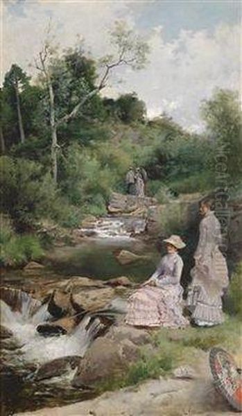 Two Anglers With Parasol By The Stream - view 1