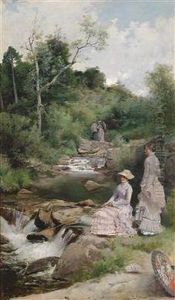 Two Anglers With Parasol By The Stream