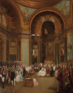 Isabel Ii Con Francisco De Asis Y Su Hermana Luisa Fernanda Con El Duque De Montpensier En La Basilica De Atocha by Antonio Jose Estruch Martinez