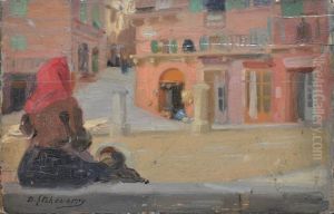 Femme Au Fichu Rouge Sur Une Place by Denis Etcheverry