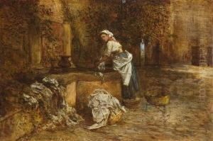 Wascherin Am Brunnen. by Theodor Josef Ethofer