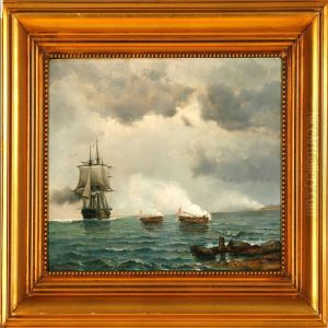 A Marine With A Ship Ofthe Line And Danish Canon Boats During The Napoleon Wars by Carit Etlar