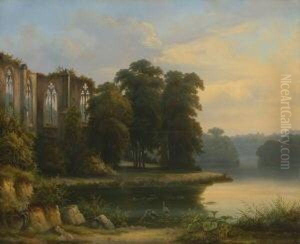 Gotische Kirchenruine In
Abendlicher Flusslandschaft. - view 1