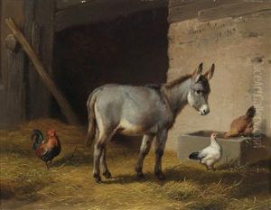 Donkey And Chicken In A Stable by Eugene Verboeckhoven
