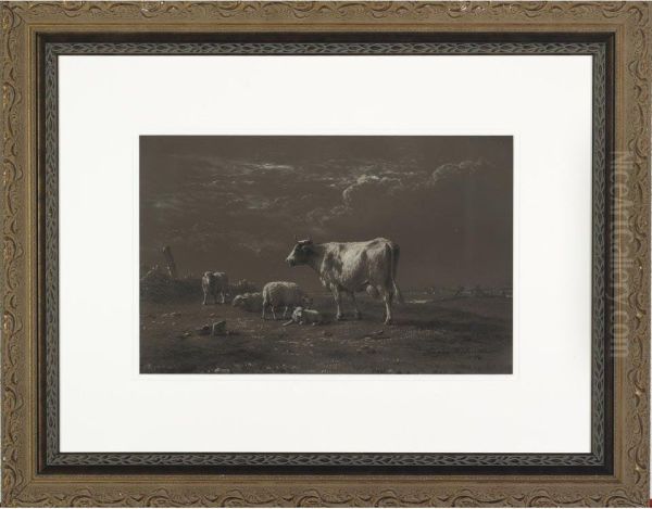 Sheep And A Cow Resting In A Landscape With Windmills In Thedistance - view 1