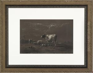 Sheep And A Cow Resting In A Landscape With Windmills In Thedistance by Eugene Verboeckhoven