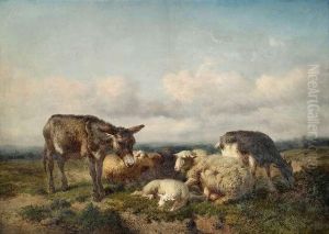 Flock Ofsheep And A Donkey In An Extensive Summery Landscape. by Eugene Verboeckhoven