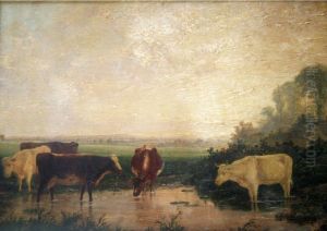 Cattle Watering At A Country Pool by William Evans Of Bristol