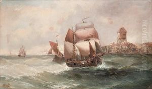 Fishing Boats Off A Coast by F J Everardt