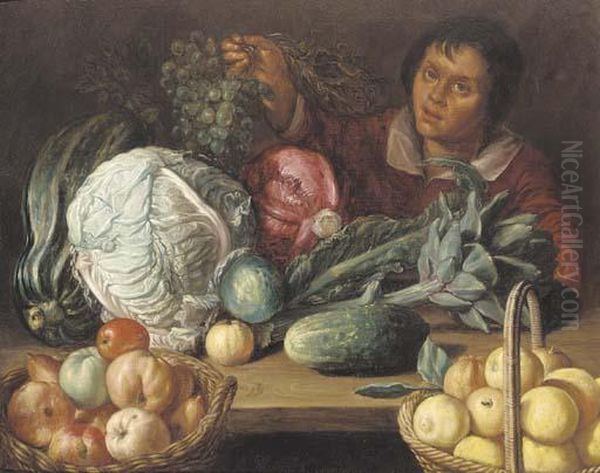 A Still Life Of Vegetables And Fruit With A Youth Holding A Bunch Of Grapes - view 1