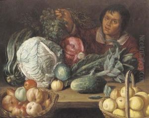 A Still Life Of Vegetables And Fruit With A Youth Holding A Bunch Of Grapes by Cornelis Willemsz. Eversdyck