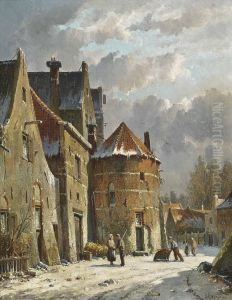 Figures On A Dutch Street, Winter by Adrianus Eversen