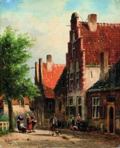 Zomers Straatbeeld Met Figuren by Adrianus Eversen