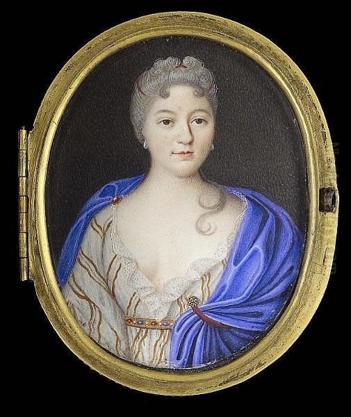 A Lady, Wearing White Dress With Gold Stripes, White Lace Underslip, Jewelled Gold Belt And Ultramarine Cloak Pinned At Her Right Shoulder With Ruby Brooch And Held At Her Left Breast With Red Ribbon - view 1