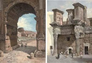 The Colosseum Seen Through The Arch Of Titus; A Bread Shop In The Roman Forum by George Edwin Ewing