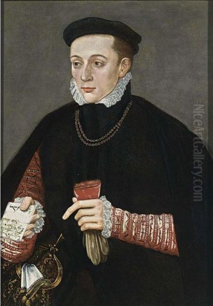 A Portrait Of A Young Nobleman From The White Family, Standing Half-length, Wearing A Red Coat With A White Shirt Under A Black Coat, Holding Gloves by Hans Eworth