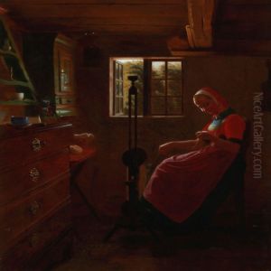 Peasant Interior With A Young Woman At The Spinning Wheel, Zealand by Julius Exner